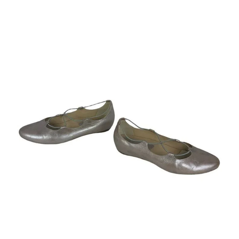 Earthies Essen Silver Criss Cross Leather Ballet Flats Metallic Almond Toe 10B‎